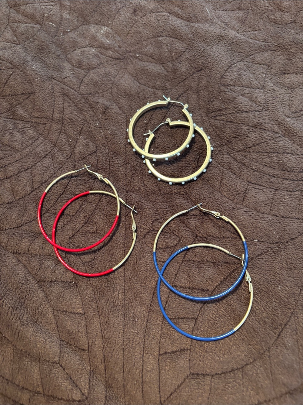 Gold Hoop Earrings Bundle, Red, Blue and Pearl Accents, Set of 3